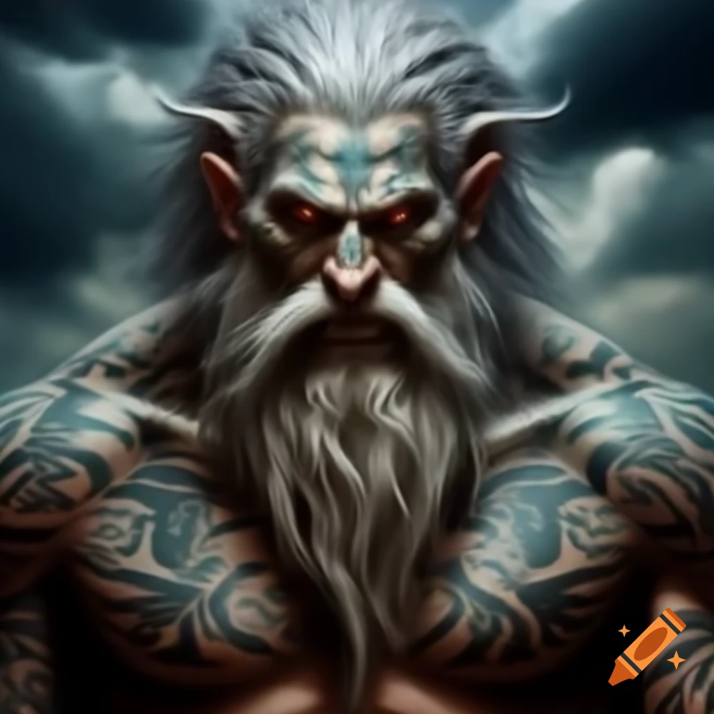 Formidable Goliath druid with gray skin and tribal tattoos resembling storm clouds