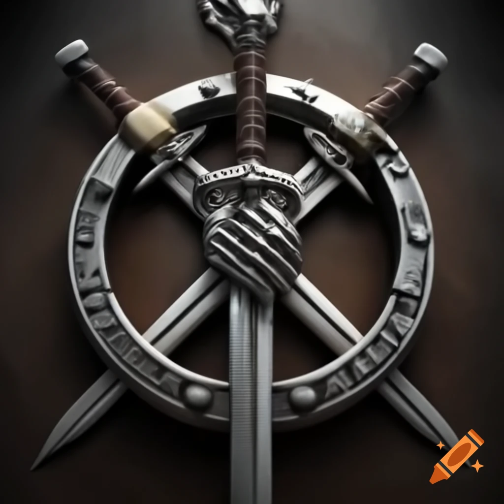 Interlocking swords in a three-pronged circle pendant symbolizing strength and unity