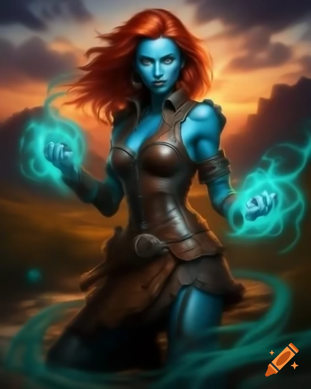 Fantasy character with blue skin and red hair in leather armor inspired by wild West