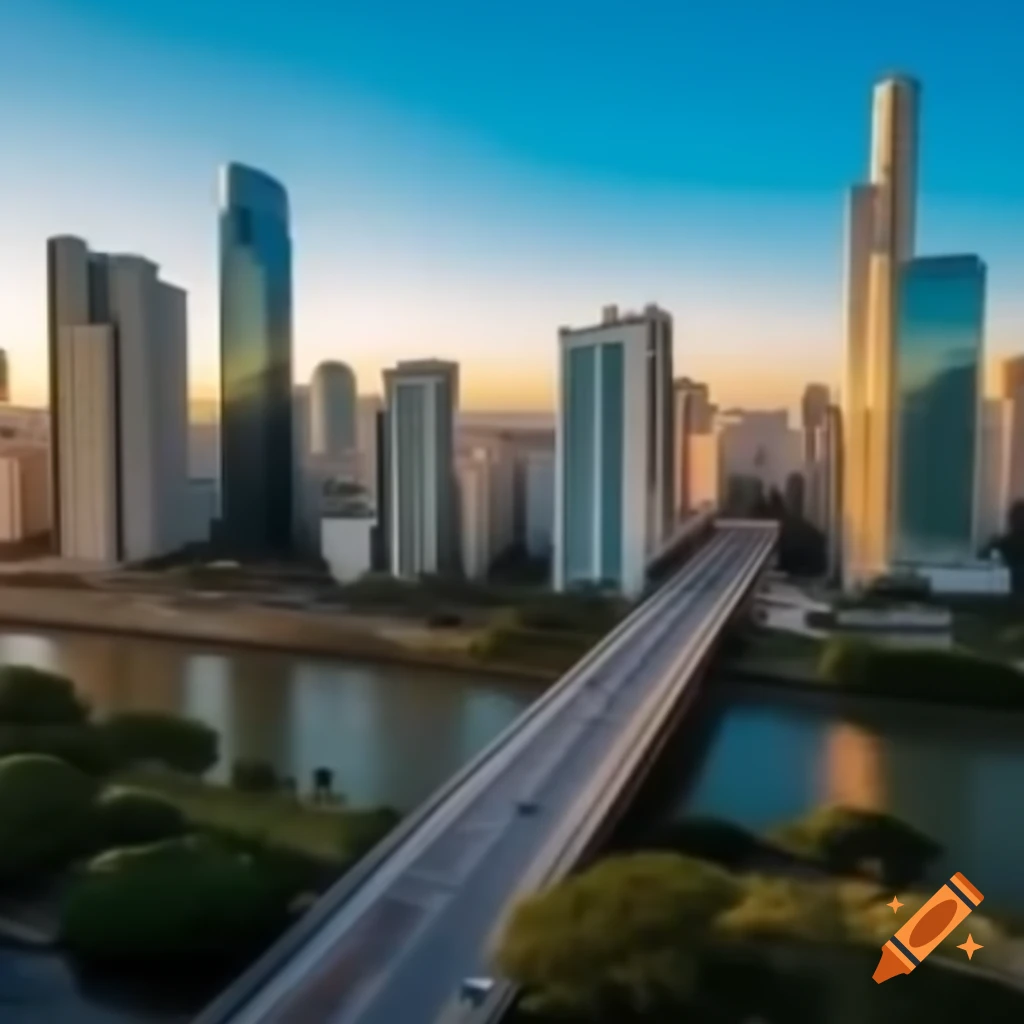 City with tall buildings and a plaza, distant bridge over a river