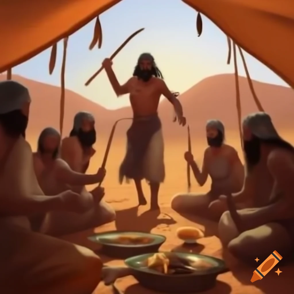 Traditional feast in desert tent with people dancing and celebrating