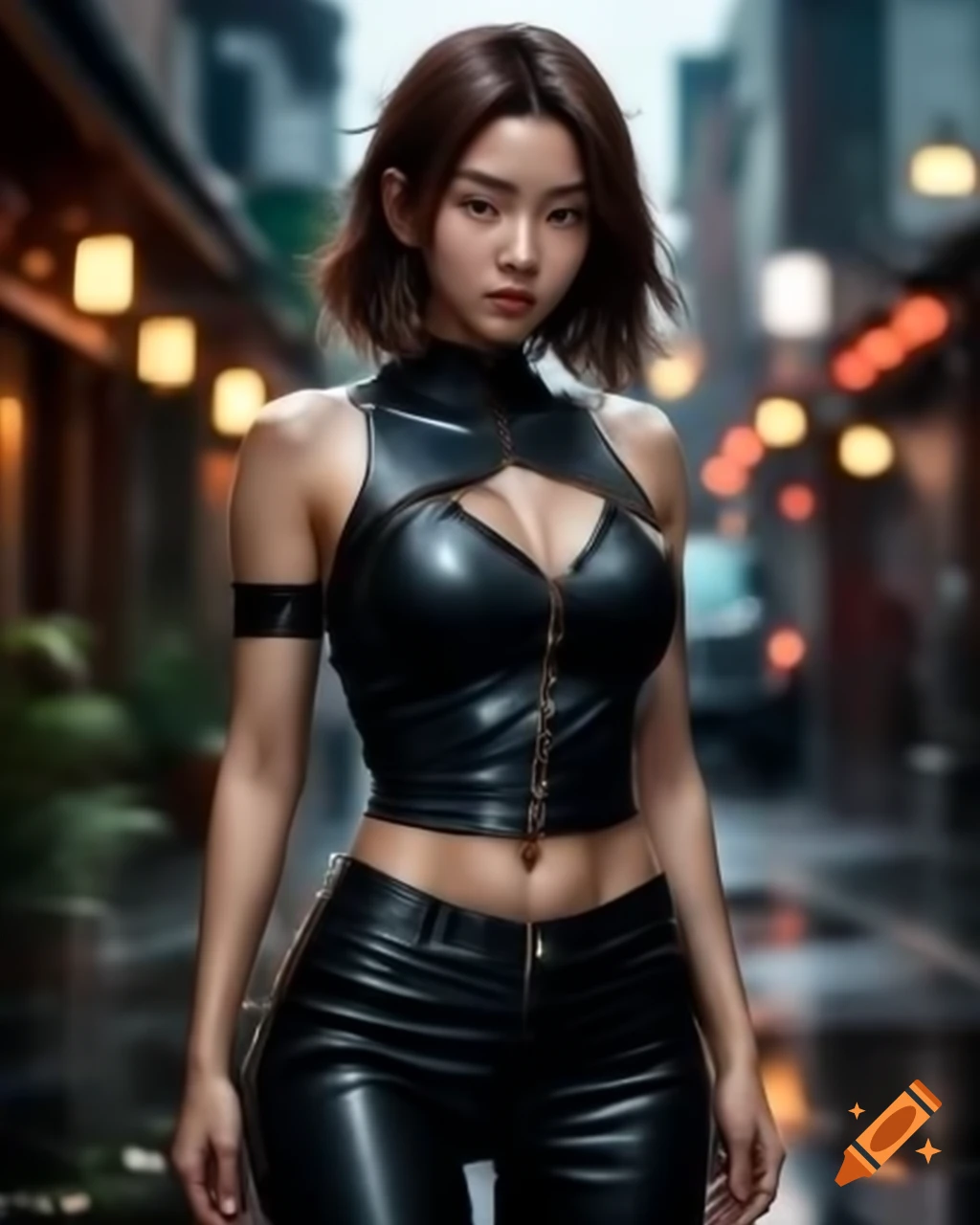 Asian woman in black bodycon leather pants on rainy day, anime realistic style