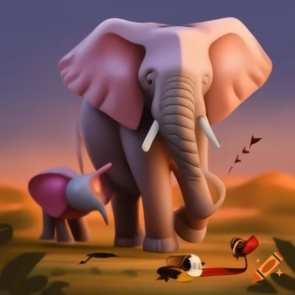 Elephant and ant in a playful scene sharing sugar on the ground