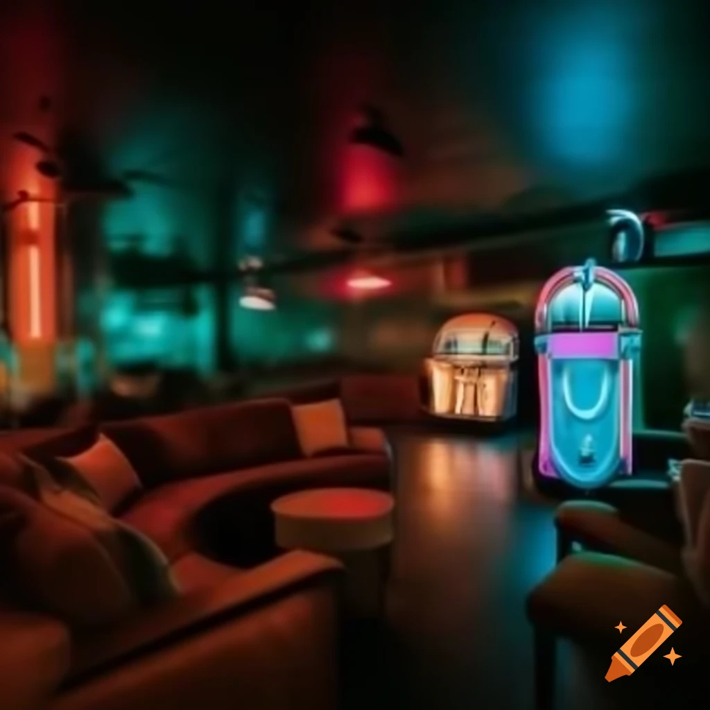 Tiki lounge nightclub for time travelers with neon lights and jukebox