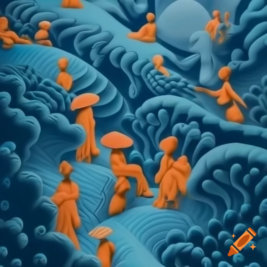 Surrealist nature landscape with people, detailed fractal patterns and bright colors