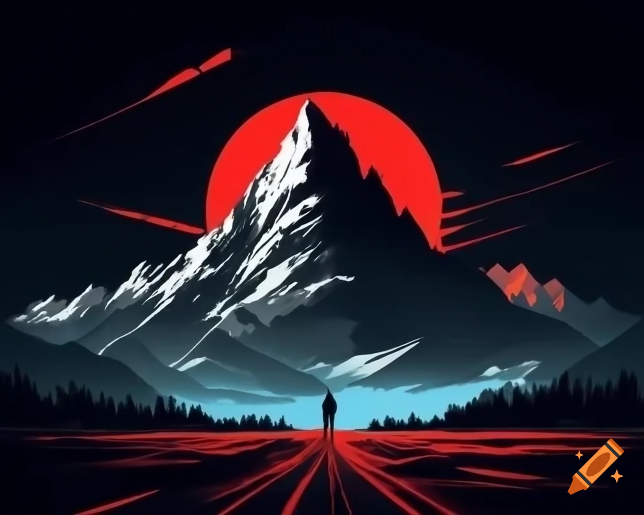 Minimalist travel poster of tall mountain with man walking, red and black color motif