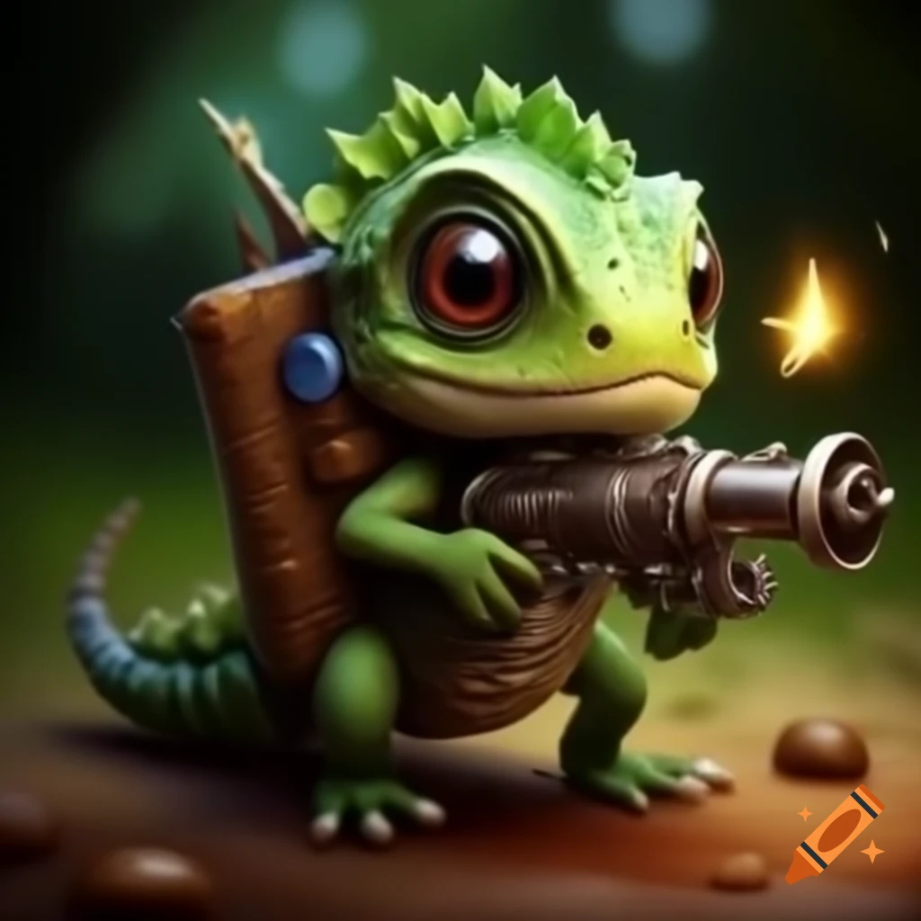 Funny cute biped reptile magical creature with a sarbacan weapon