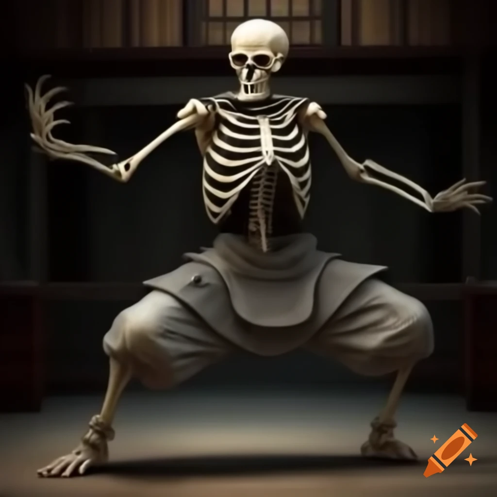 Skeleton practicing kung fu martial arts