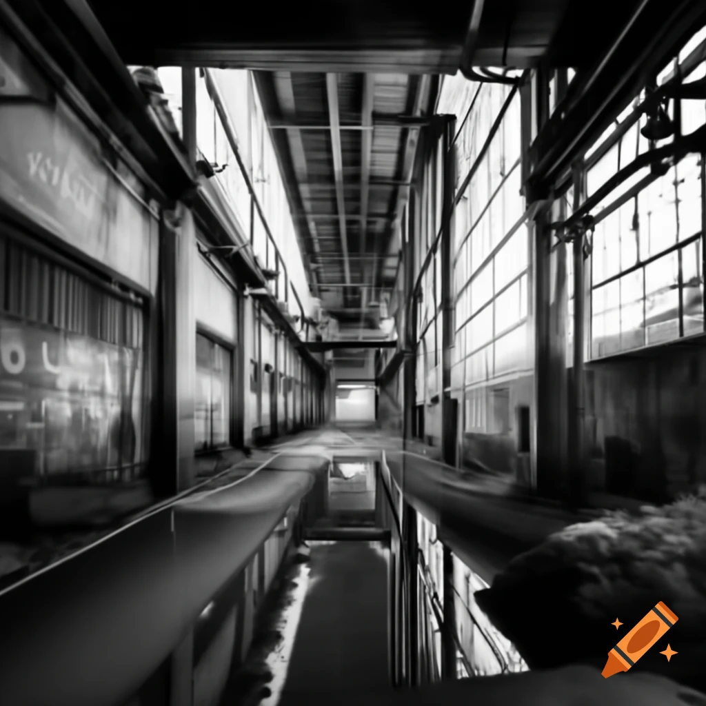 Eerie abandoned concrete factory background in black and white