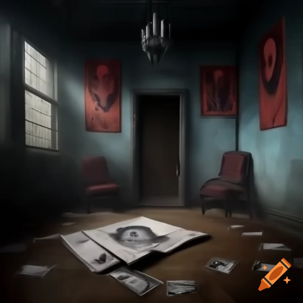 Scary room with demonic drawings and depictions on the walls