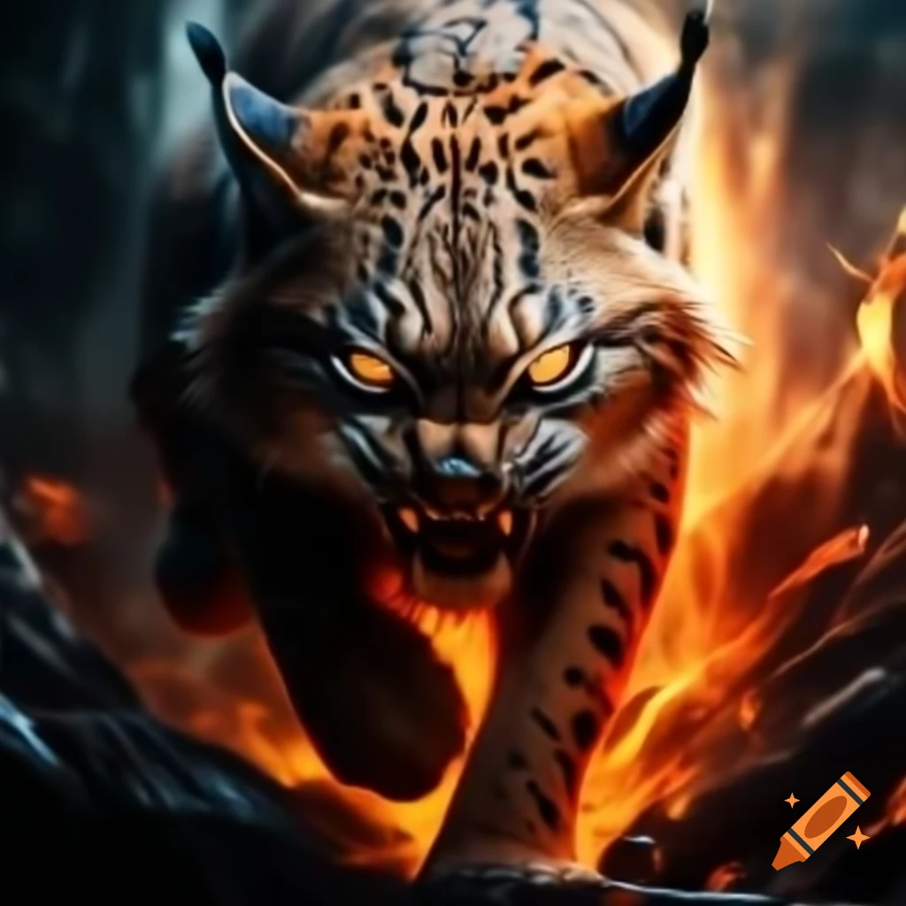 Lynx emerging from gold mist with fiery red gaze