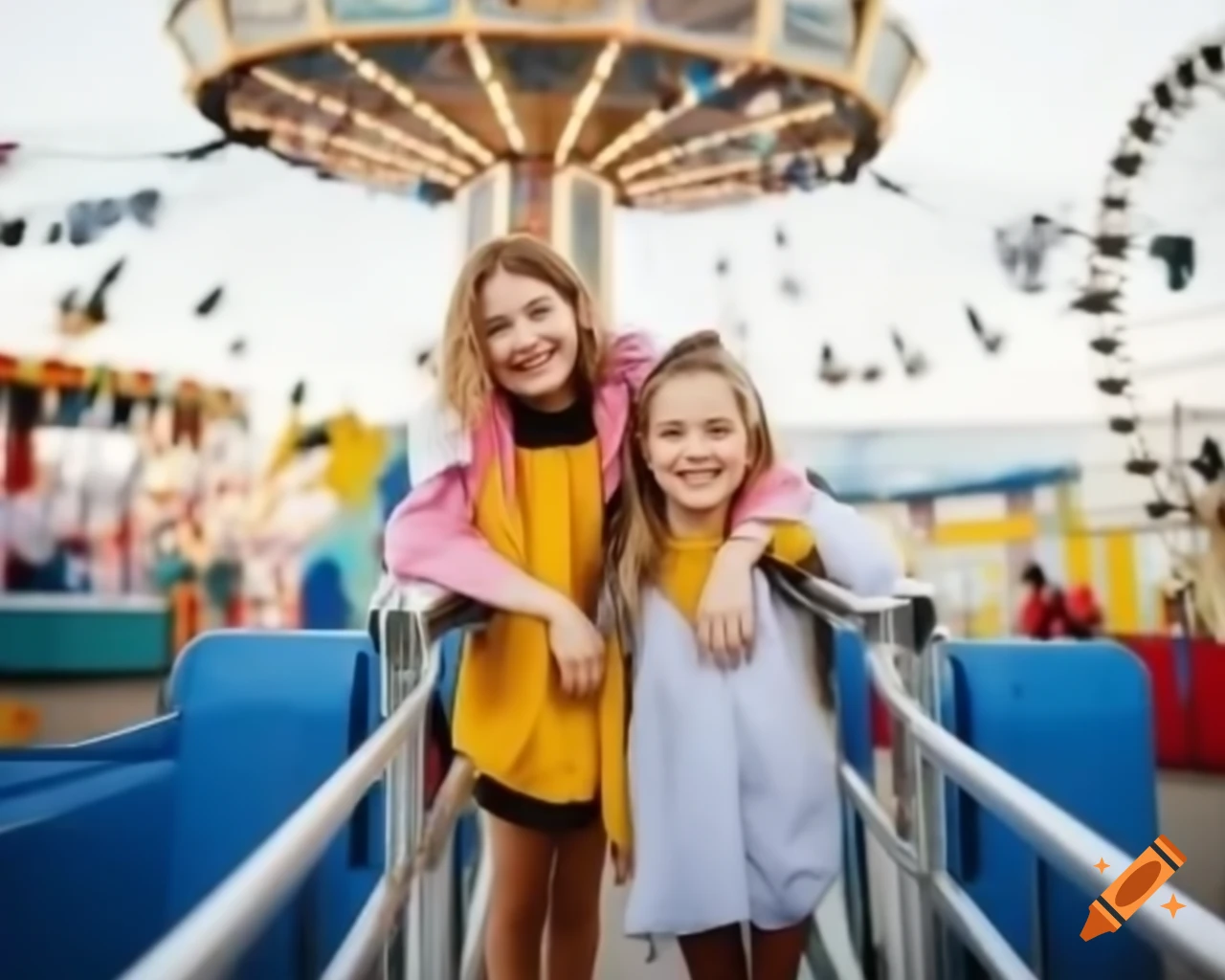 Joyful girl and her mom waiting to ride colorful Ferris wheel at carnival