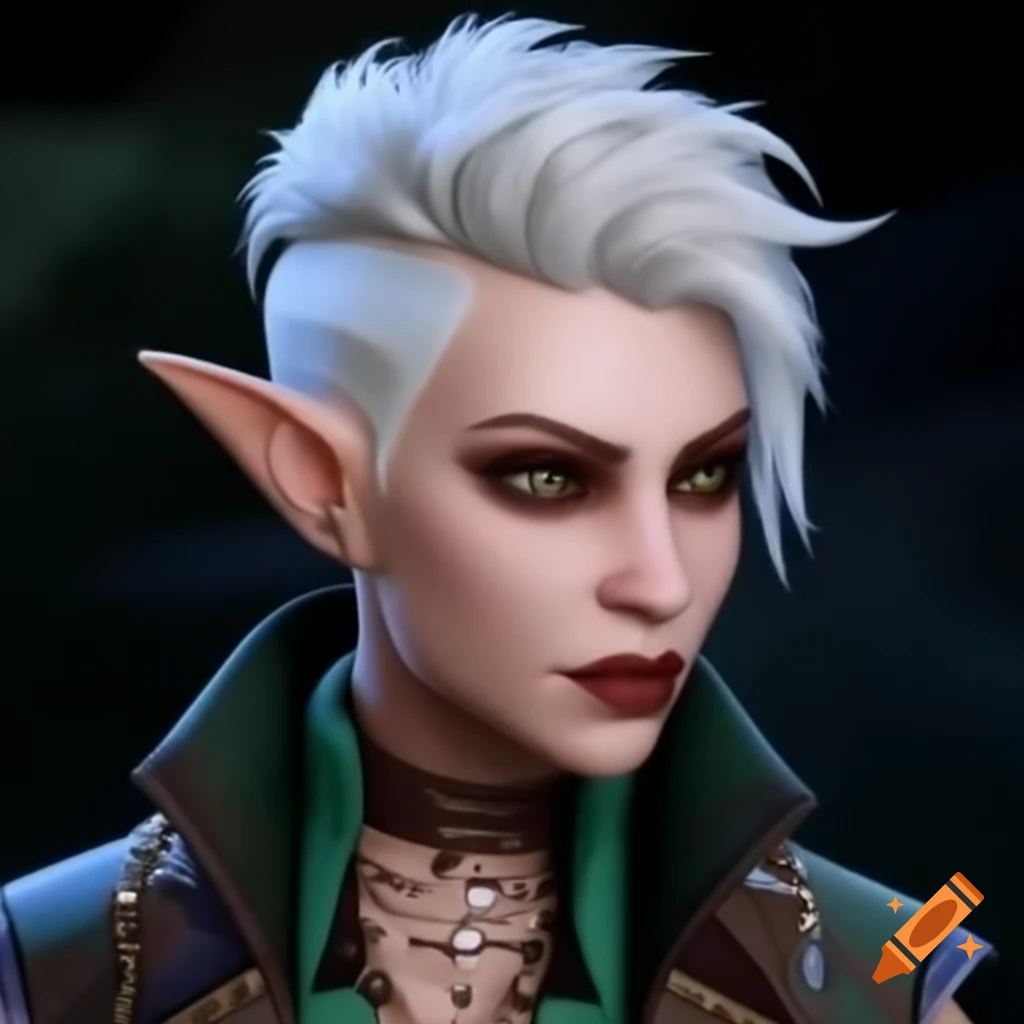 Half-elf bard with platinum blonde pixie haircut in punk rock clothing
