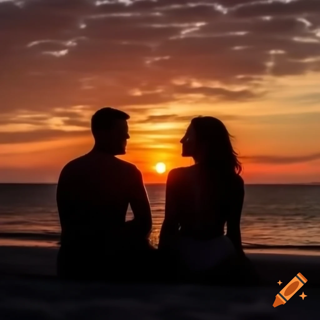 Realistic silhouette of couple at beach during sunset