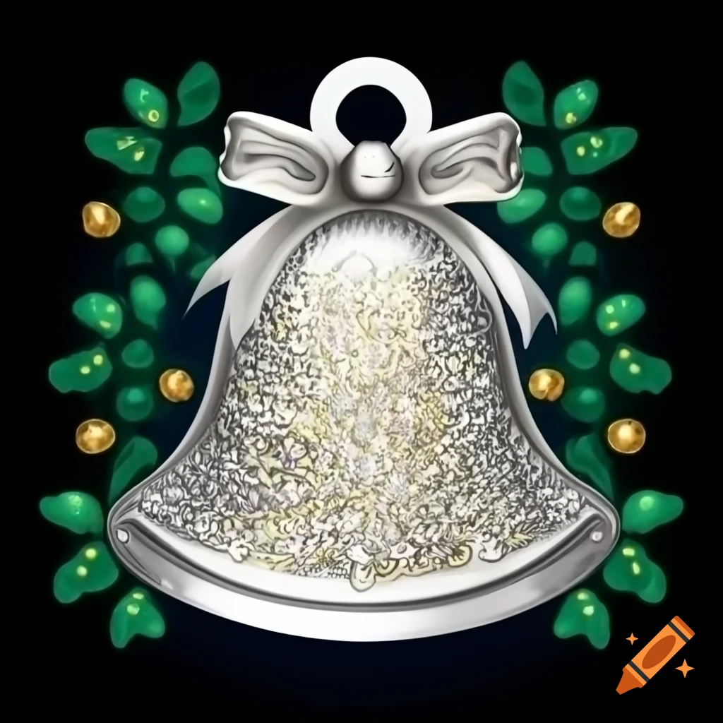Sparkling Christmas bell with ribbons and roses in watercolor storybook style