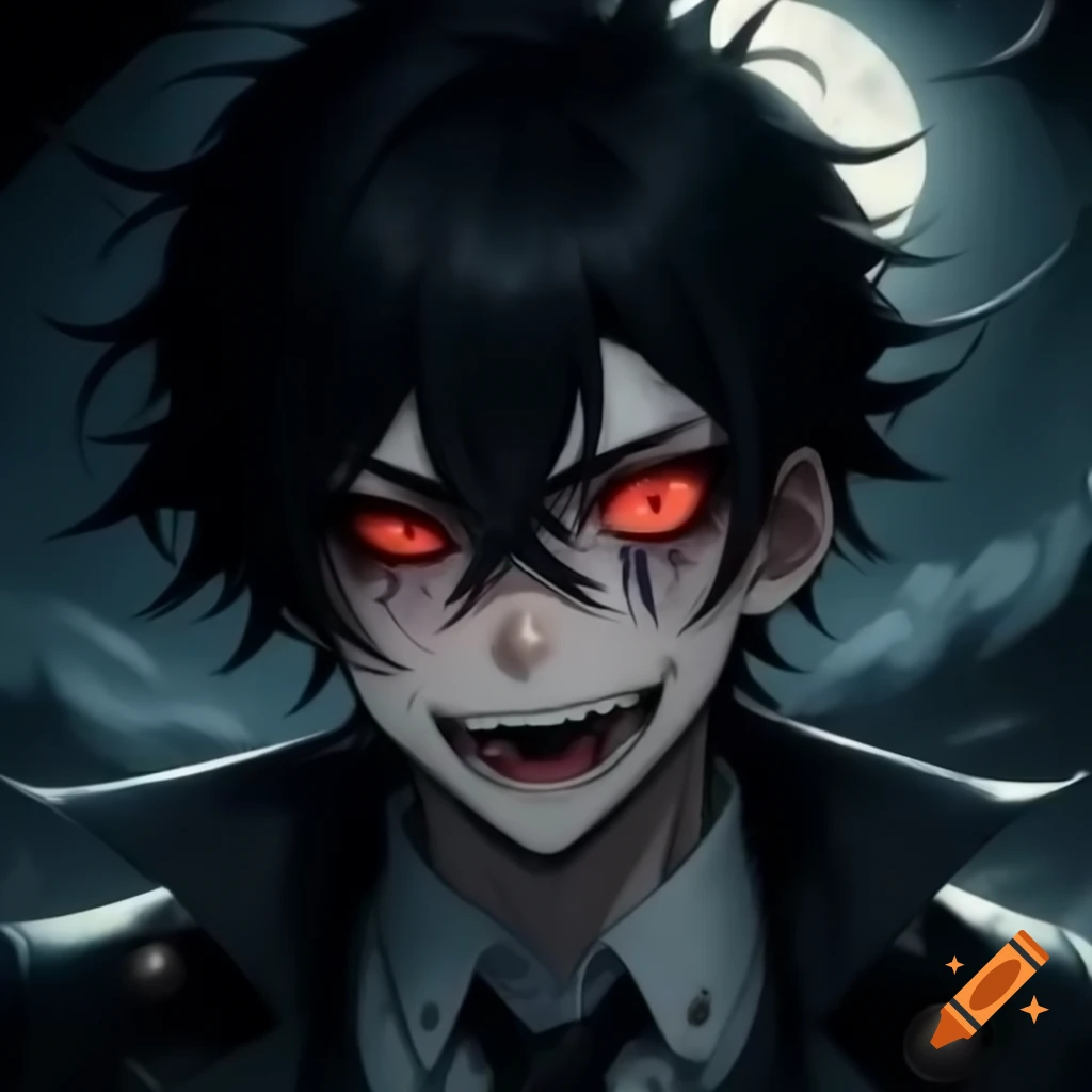 Buff vampire with messy black hair and visible fangs, shadowed eyes, moon in background