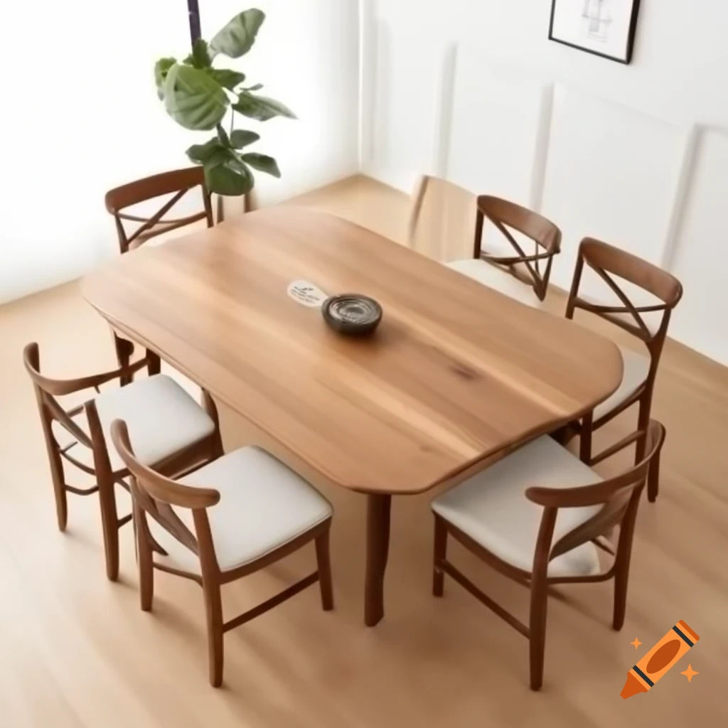 Wooden dinner table with four chairs on white background