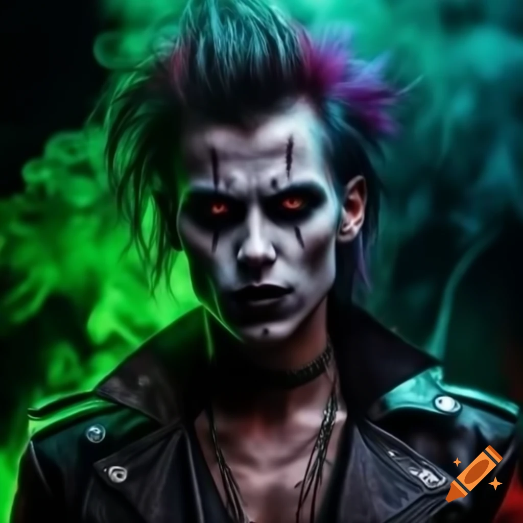 Psychedelic punk rock vampire with piercings and green smoke background, realistic style