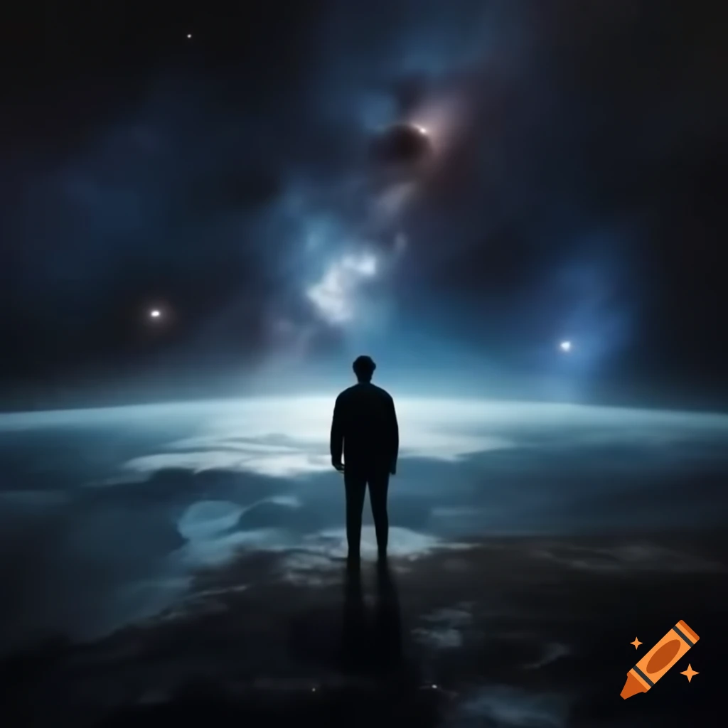 Silhouette contemplating star-filled cosmos against dark space