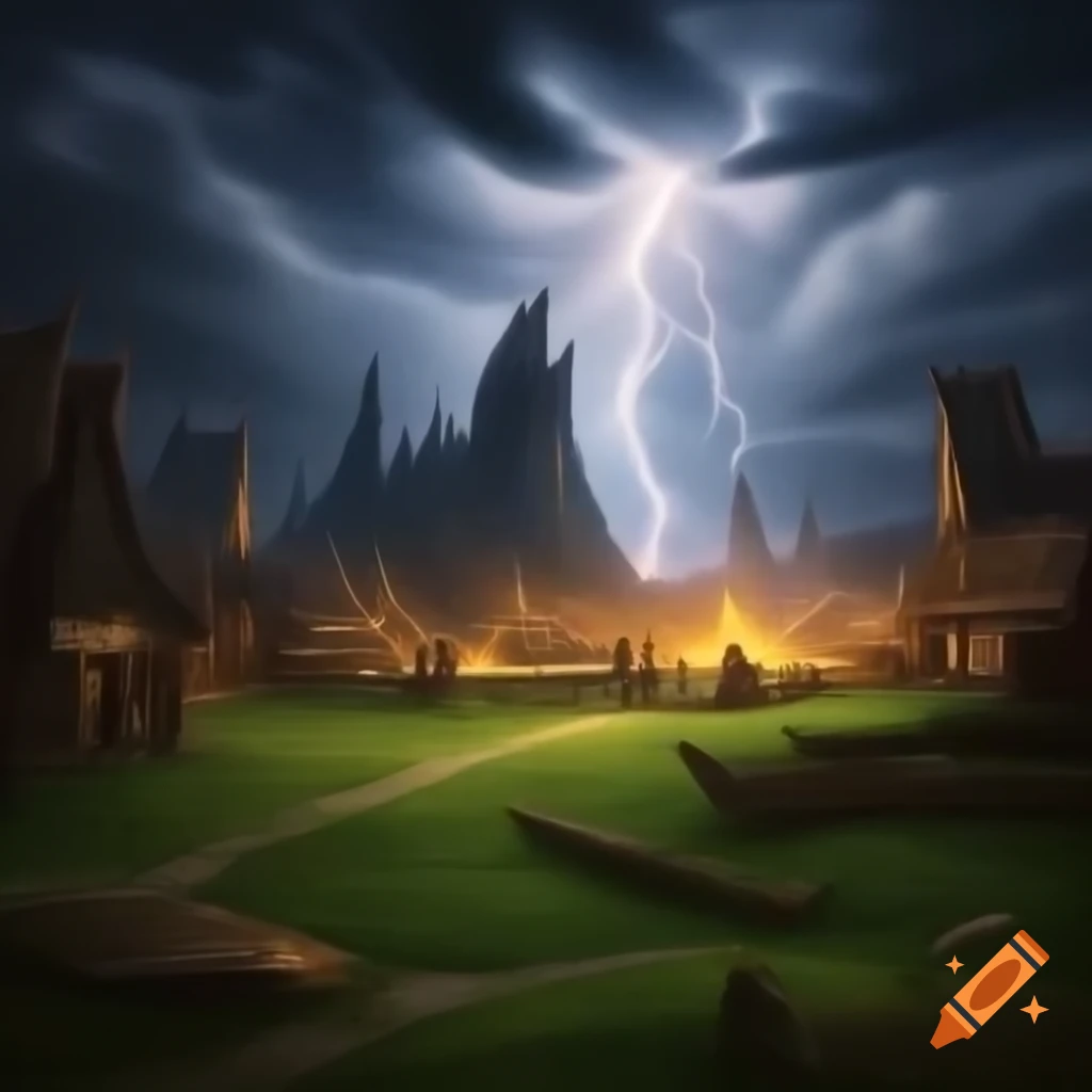 Distant view of burning thatch village with peasants fleeing, lightning spell illuminating scene, oil slick art