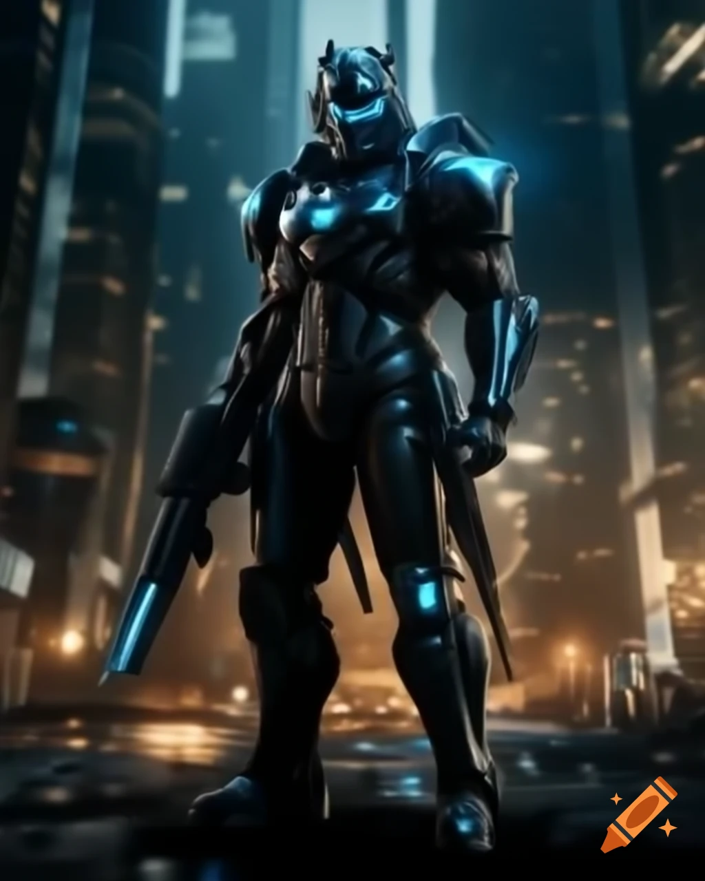 Warrior in black and cobalt armor stands against shimmering cityscape with cybernetic enhancements