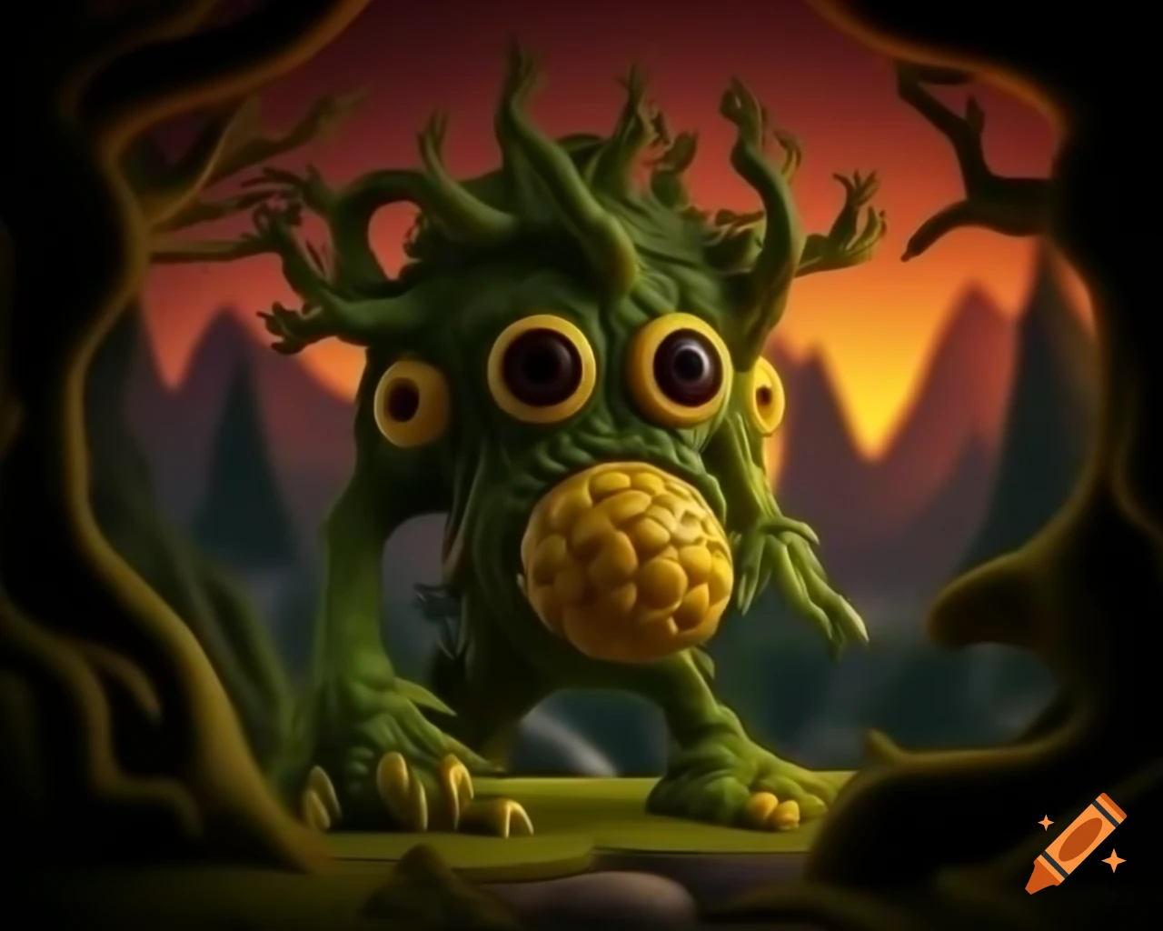 Surreal digital art of a lemon tree monster in warm hues and green