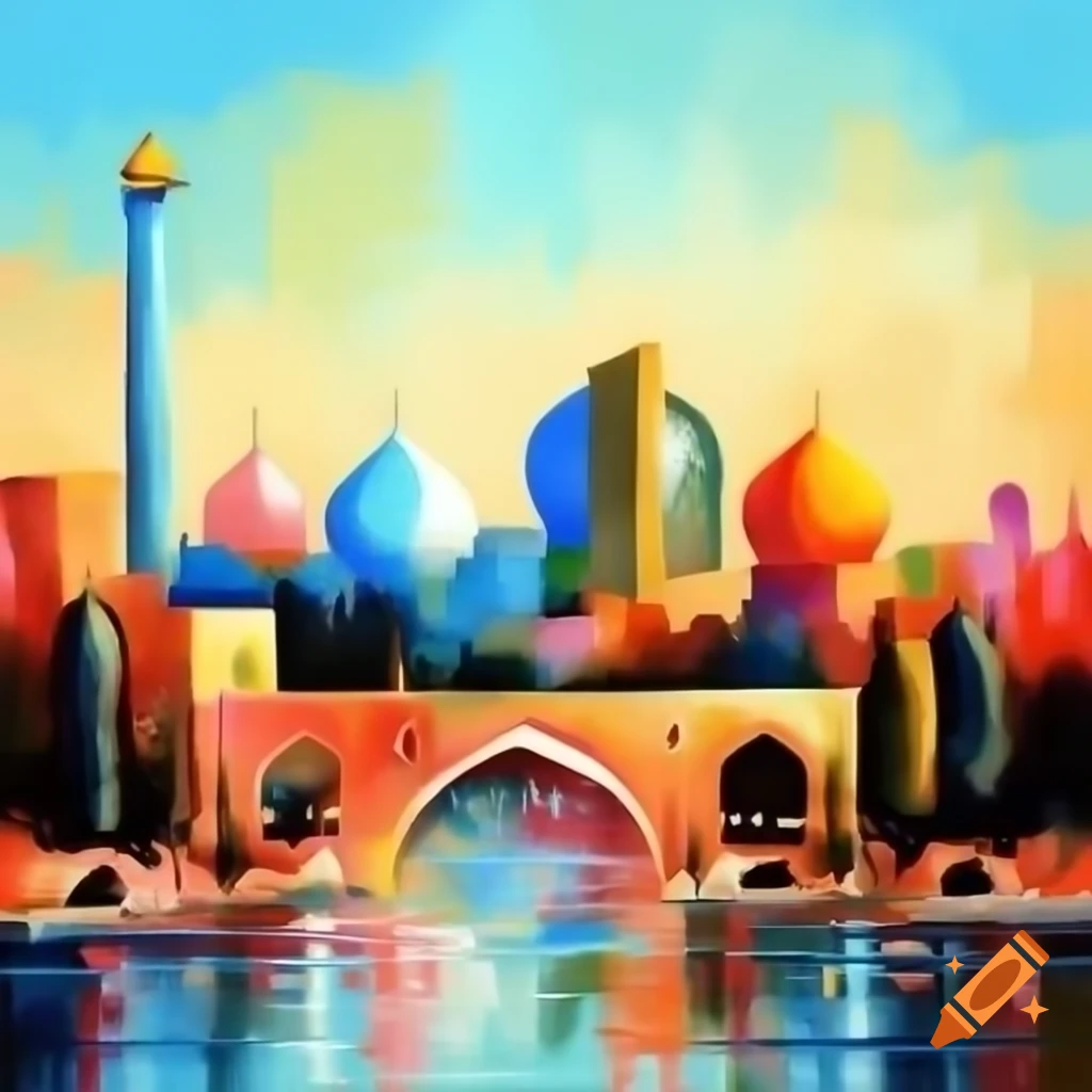 Abstract watercolor painting of Shiraz city skyline