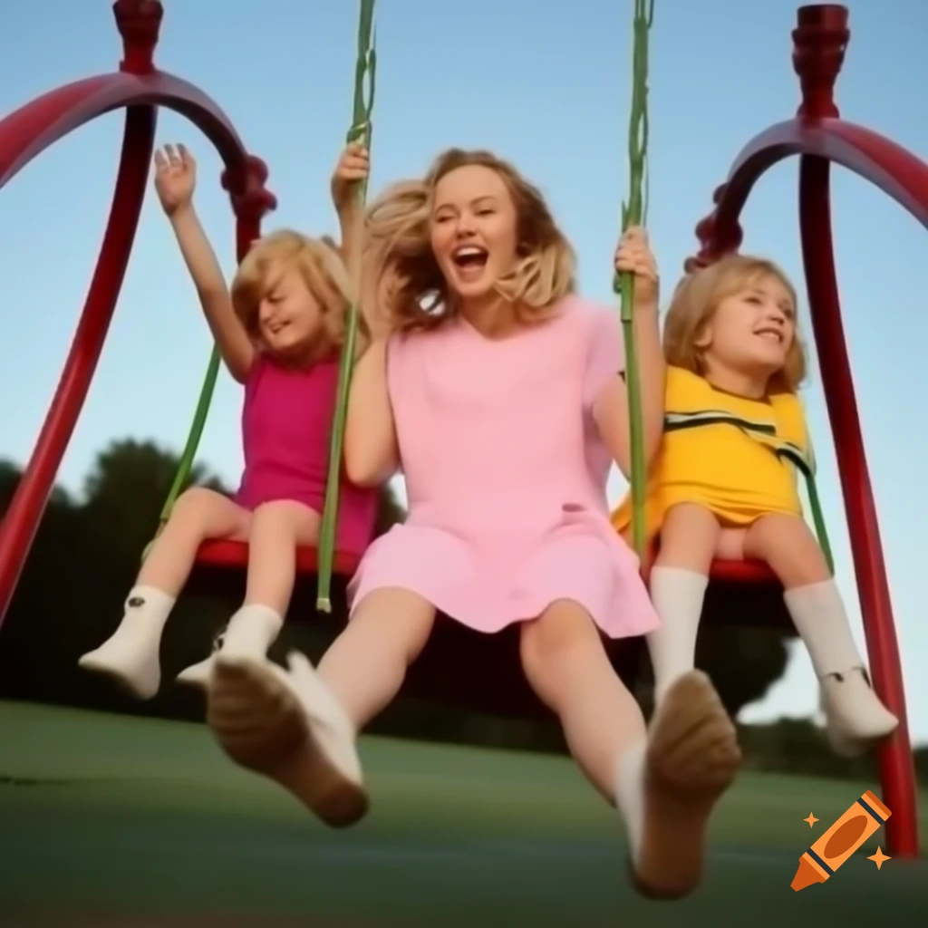 Carefree woman in pink dress on swing at playground, smiling joyfully