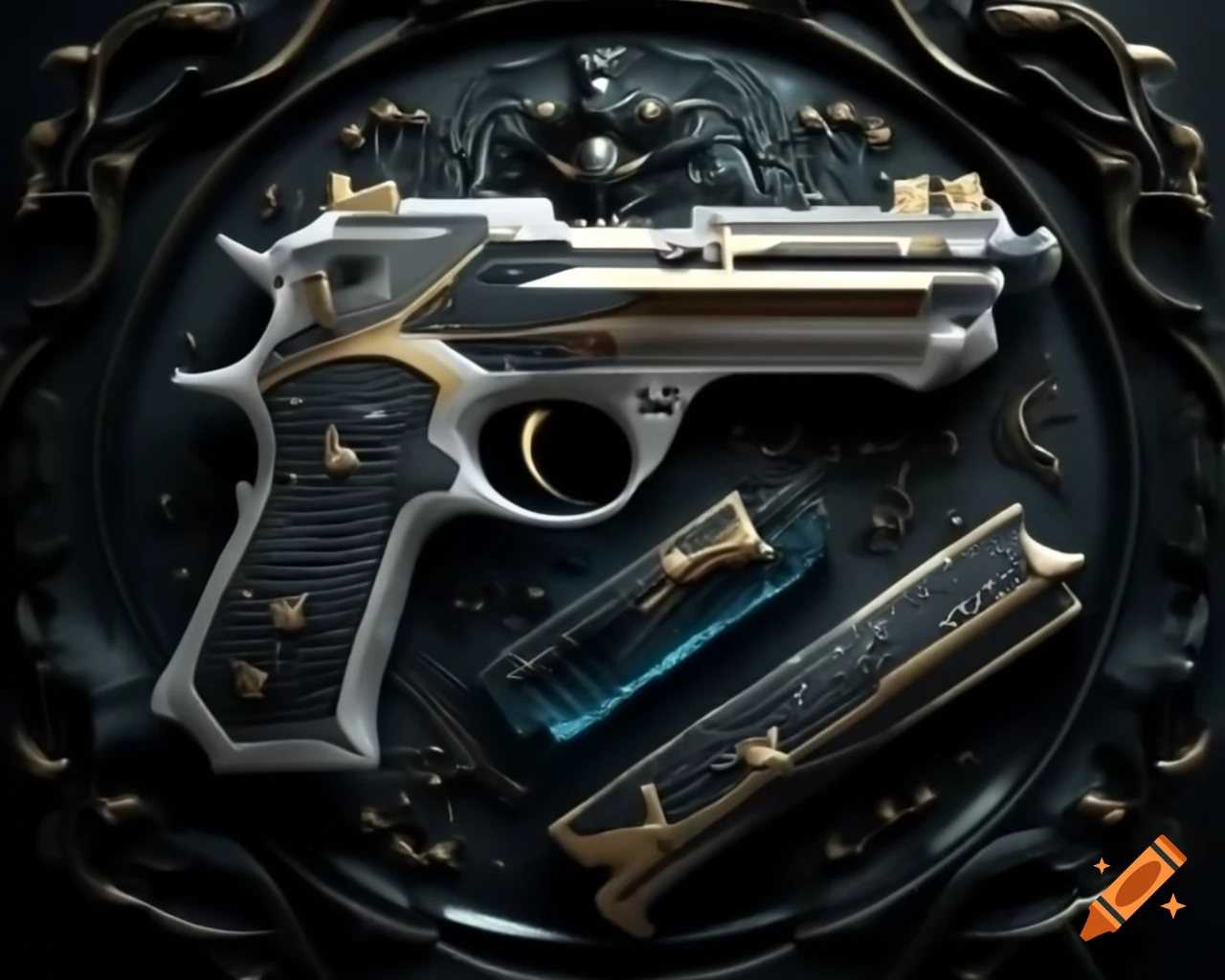 Futuristic firearm with Baroque design featuring gold accents