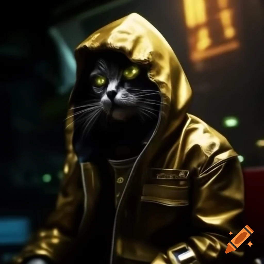 Glowing gold evil cat god in cyberpunk style