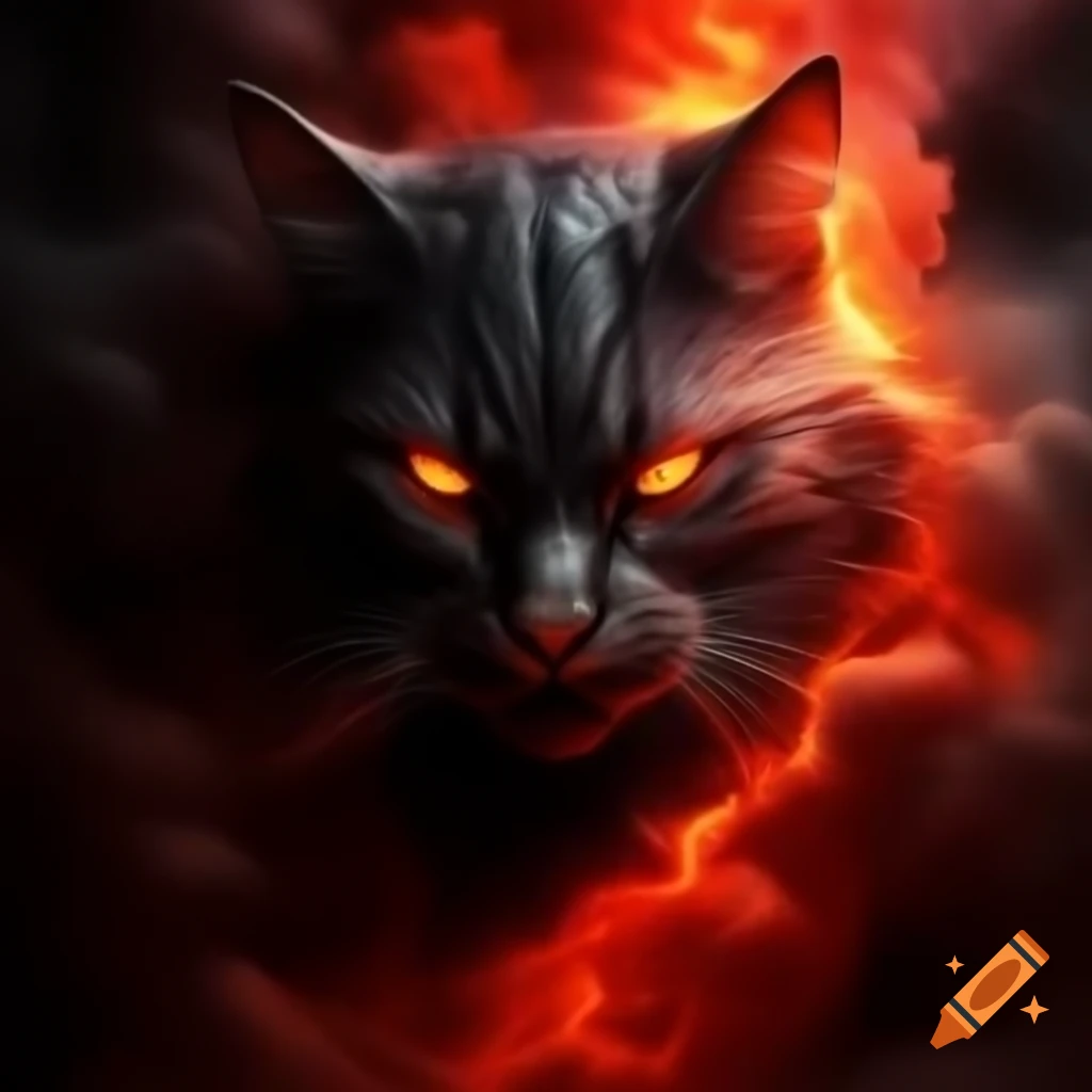 Feline face emerging from crimson mist with gleaming eyes