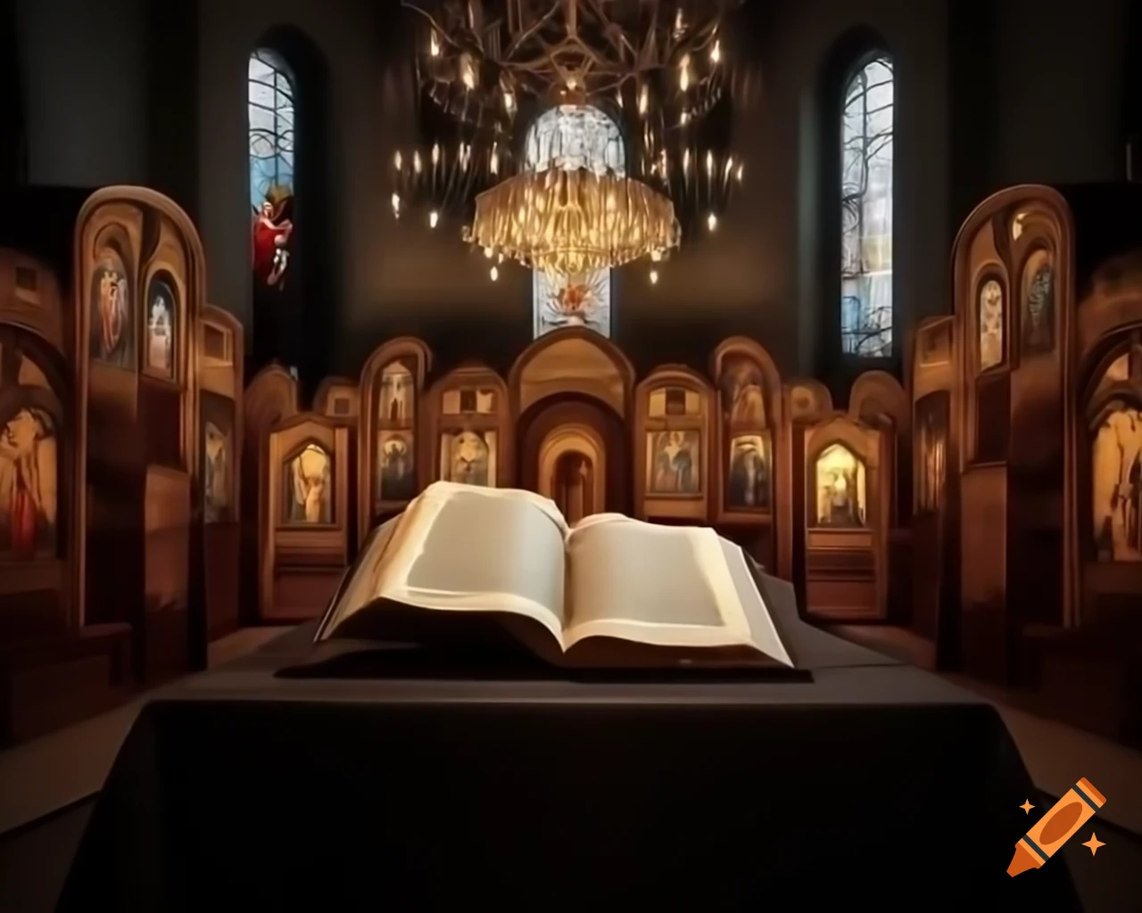 Open book on table in church with illuminated iconostasis