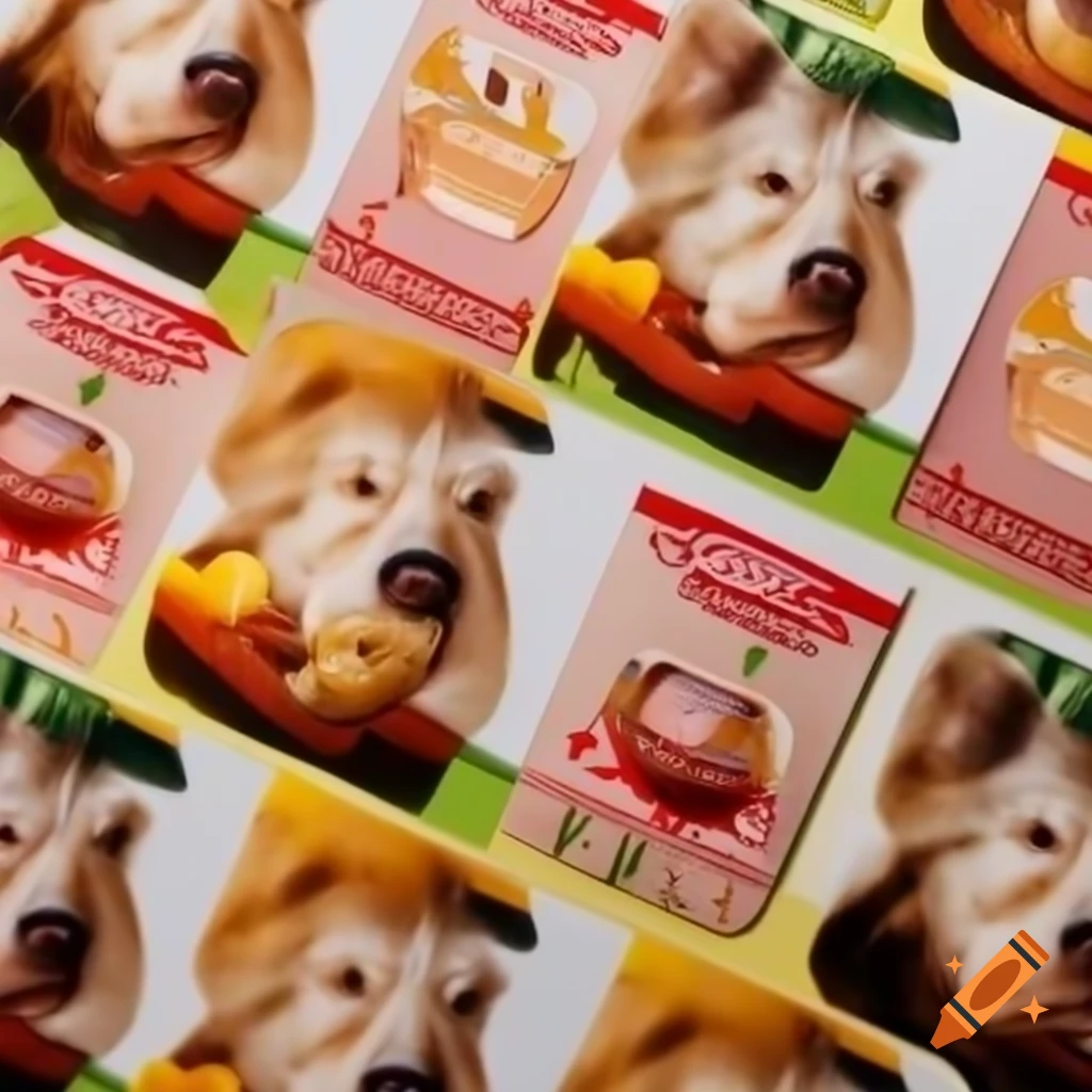 Dog food labels featuring caricature of Donald Trump