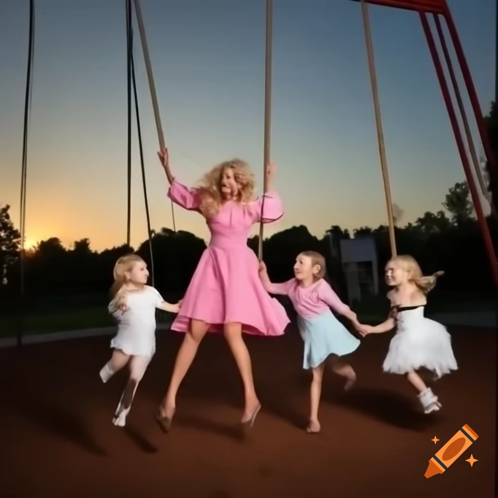 Carefree woman in pink dress swinging joyfully in playground