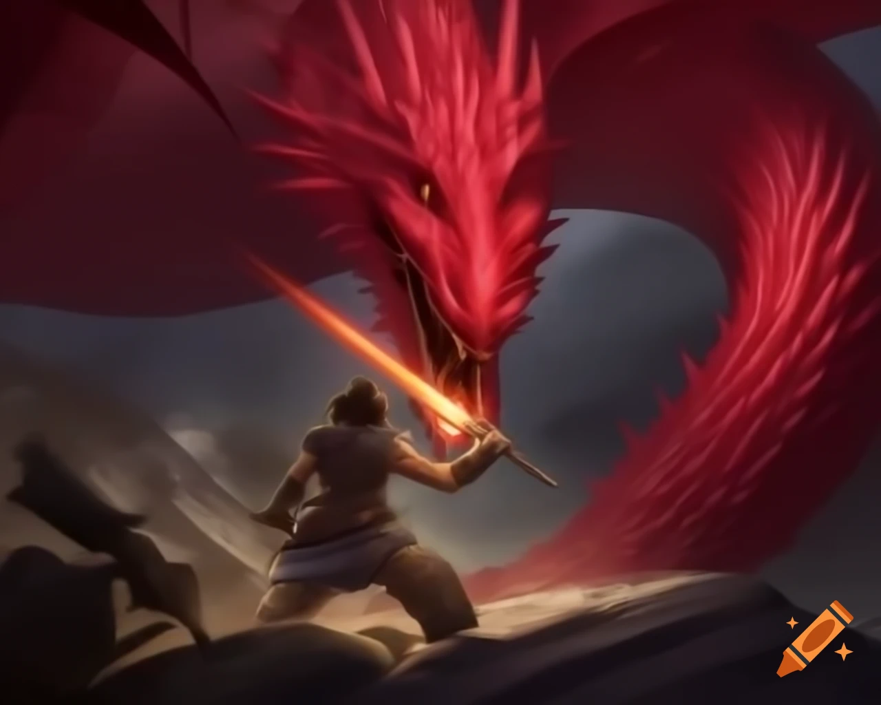 Lonely warrior battling red dragon