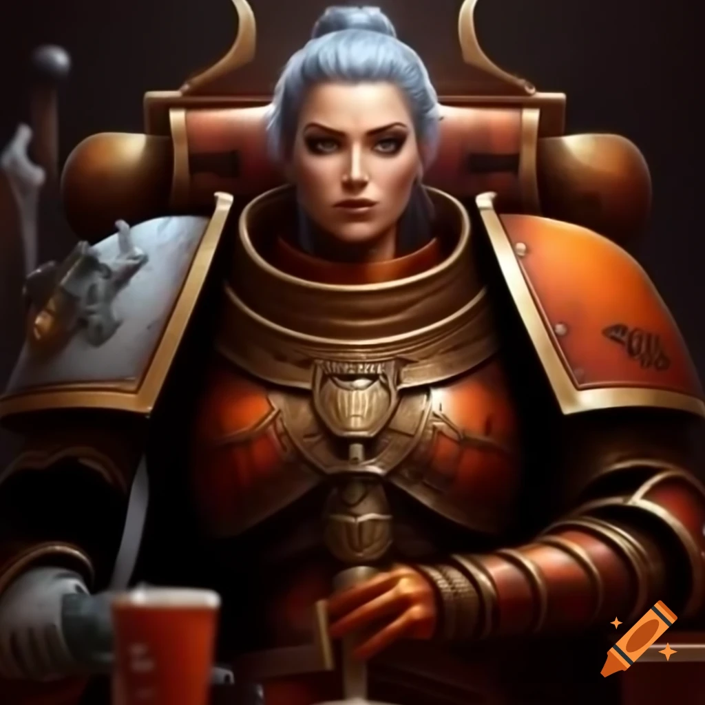Adeptus Sororitas in orange armor holding a drink