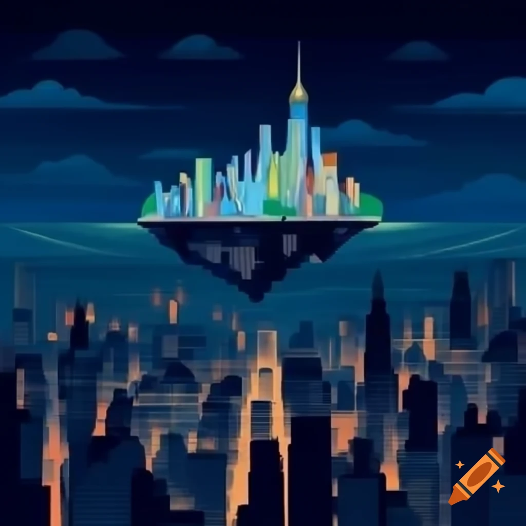 Crayon drawing of floating island above New York City at night