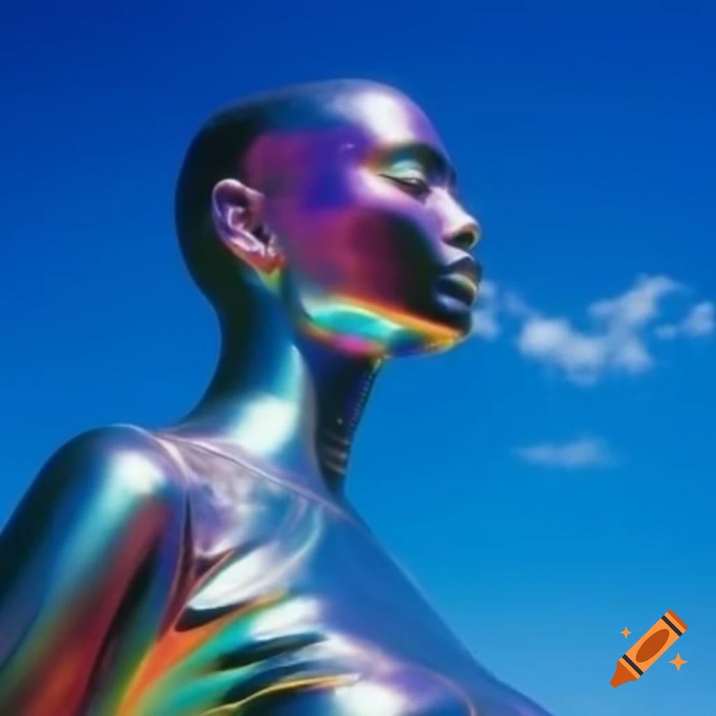 Pop surreal photography featuring iridescent statue against bright sky
