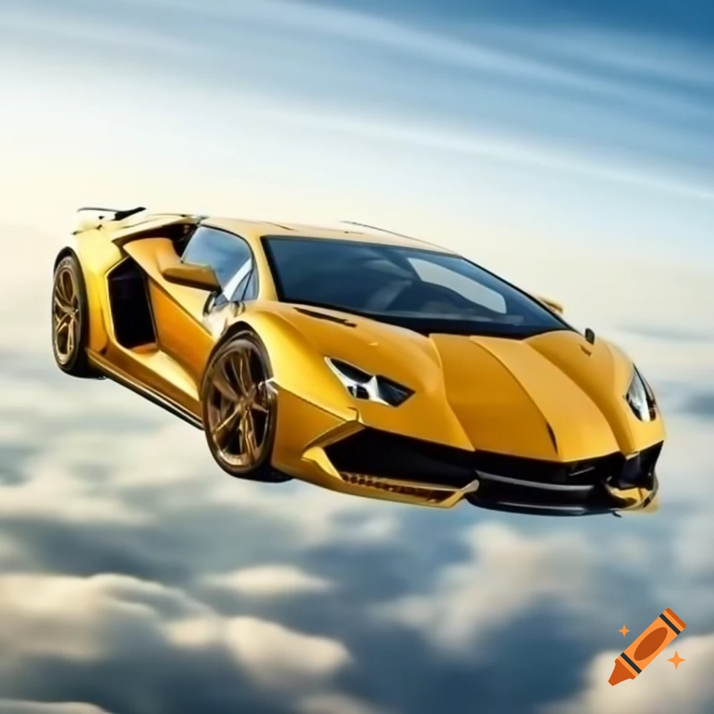 Gold Lamborghini flying in the sky