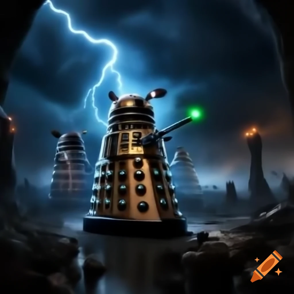 Two wizards in battle casting lightning spells against a Dalek