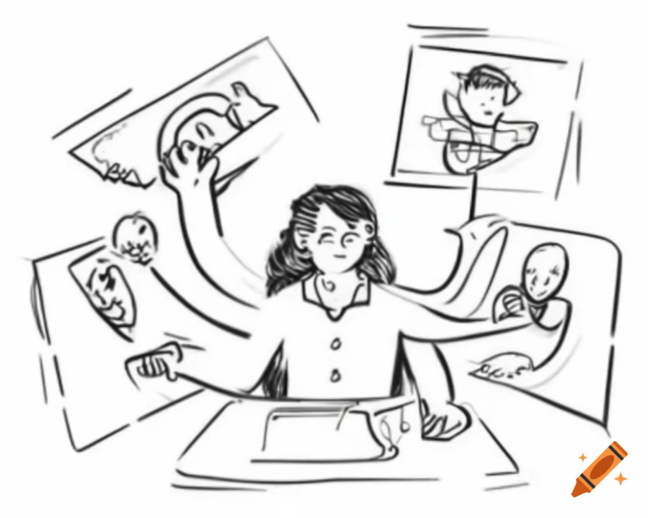 doodle-cartoon-of-girl-talking-to-friends-in-a-meeting-black-and-white