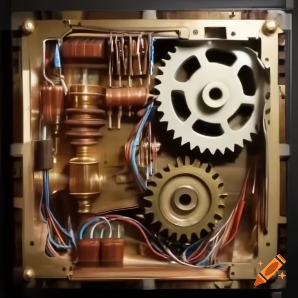 Panel with brass wires, gears, and copper components