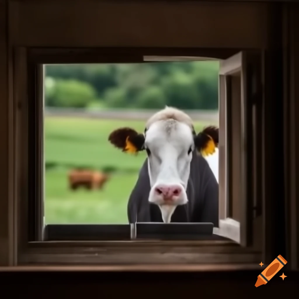 Farm animals looking through a window with a lively expression