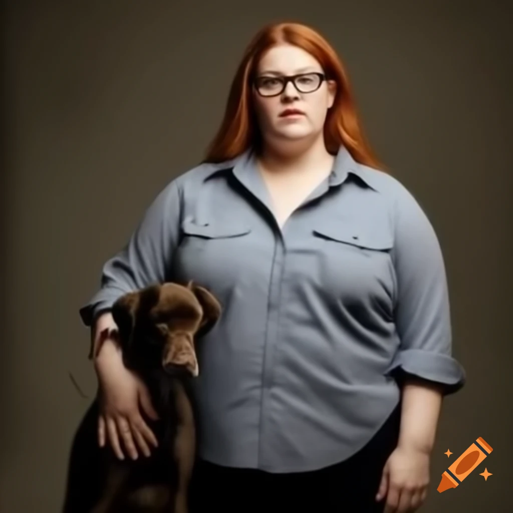 Obese woman in button-up shirt standing with her dog