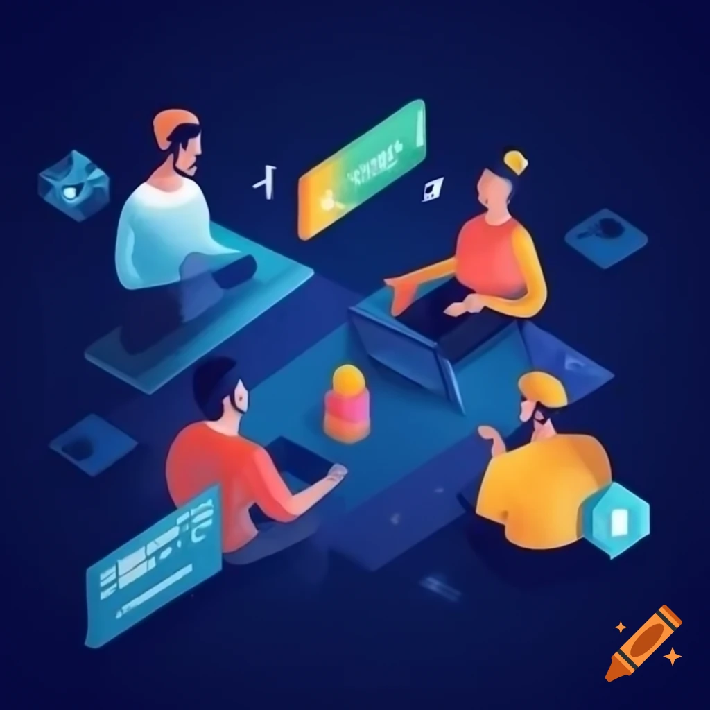 Diverse team collaborating in vibrant scene representing organizational harmony on dark blue background