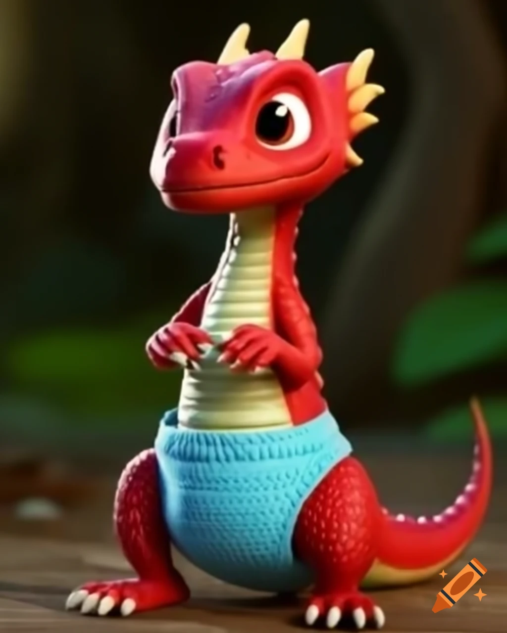 Tall slim red dragon in cyan diapers