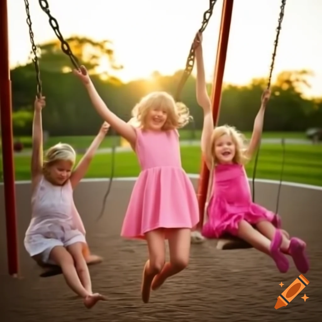 Carefree woman in pink dress swinging joyfully in a playground with children