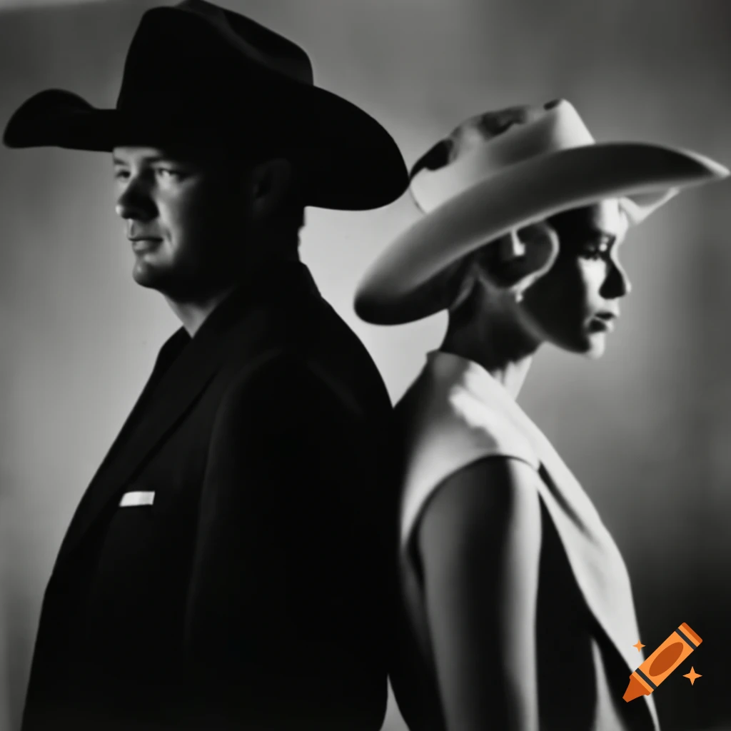 Black-and-white portrait of Blake Shelton and Gwen Stefani in cowboy hats with 1950s background