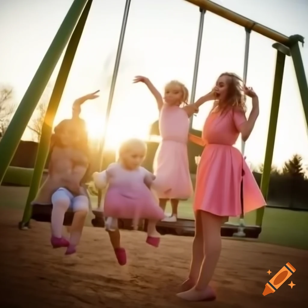 Carefree woman in pink dress swinging joyfully in playground