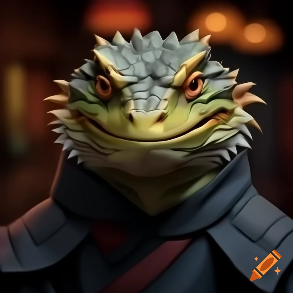 Bearded dragon dressed as ninja in Studio Ghibli style